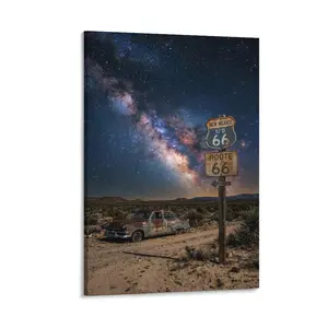 1pc Frameless Printed Canvas Art, Route 66 & Milky Way with Rusty Car, Retro Desert Night Sky Wall Decor for Home Living Room Bedroom Office