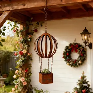 1pc Vintage Rust-Colored Hot Air Balloon Planter - Weathered Metal Wall-Mounted Candle Holder with Chains, Creative Outdoor Decor for Valentine's Day, Christmas & Weddings, Romantic Garden Sculpture