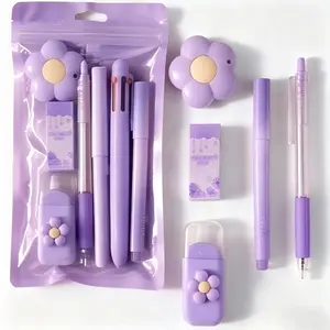 7 Pcs Cute Purple Stationery Set – Kawaii School & Office Supplies, Ballpoint Pens, Pencil Sharpener, Highlighter, Correction Tape, Ruler, Utility Knife, Perfect Children’s Day Gift for Kids & Students