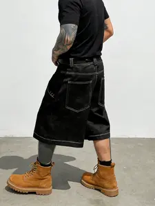 Men/women Loose Fit Wide Leg Denim Jean Bermuda Shorts, Street Style Hip-Hop Embroidered Floral Pants, Zipper Fly Pockets Design Bottom