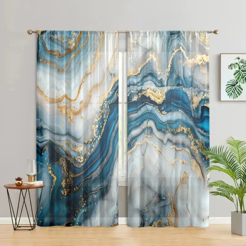 2 pieces, Home textile, modern abstract blue gold wave printed curtains, marble texture pattern, pole pocket style, semi sunshade, suitable for home living room, bedroom, balcony, kitchen, anti privacy, easy to clean, Home decorative curtain