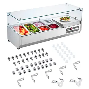 【Summervibes】VEVOR Refrigerated Condiment Prep Station, 135 W Countertop Refrigerated Condiment Station, with 2 1/3 Pans & 4 1/6 Pans, 304 Stainless Body and PC Lid, Sandwich Prep Table with Glass Guard, ETL