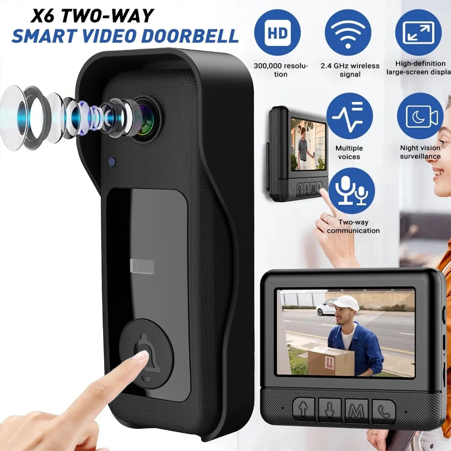 X6 Smart Wireless Video Home Security Doorbell, 4.3 Inch Color Screen, HD Video Intercom, Wireless Intercom System, Long Battery Life, No Internet Needed, Two-Way Audio, Home Use