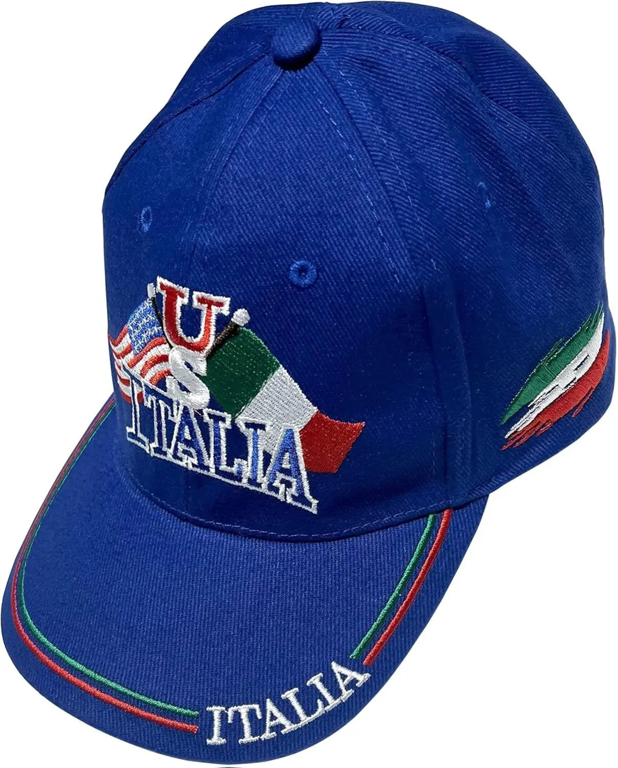 US/Italy Flags Embroidered Baseball Cap in Blue - Colorful Italian Hat - Italy Collection of Italian Pride Products - Unisex Cotton Twill Cap with Adjustable Velcro Strap
