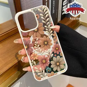 Elegant Beautiful Flowers Pattern Magnetic Phone Case for iPhone  17 15 16 14 Pro Max 13 12 11 XR XS Air Plus E Shockproof Non Slip Protection Silicone Transparent Acrylic Cover Cellphone Protective Smartphone Casing Supports Wireless Charging