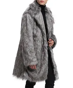 2025 Autumn Winter Fur Coat Men's Mid-Length Faux Fur Warm Fur Coat Beige Gray Bottom Black Tip Menswear Long Sleeve Plain Jackets
