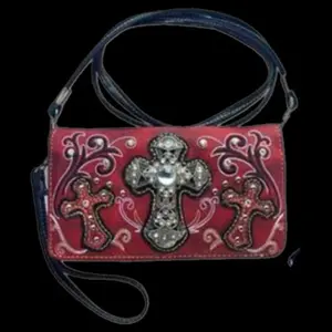 Leather and Rhinestone Cross Wallet-RED