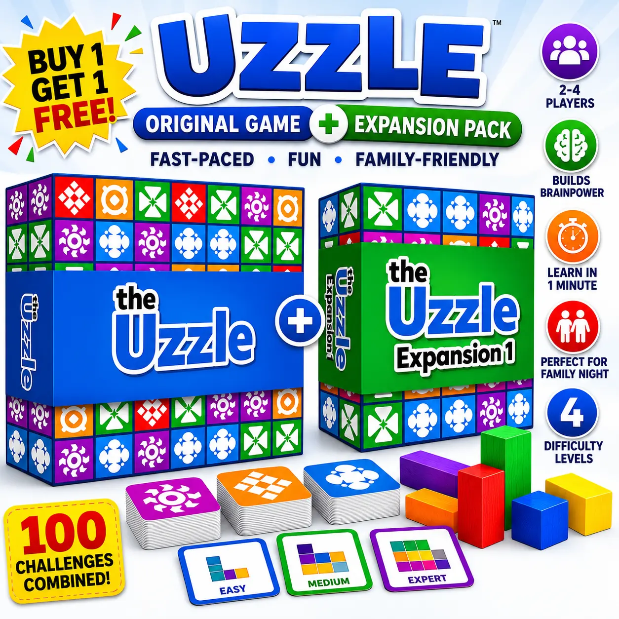 The Uzzle Original Board Game + Expansion Pack | Fast-Paced Family Puzzle Game | Ages 4+ | 100 Challenges | 4 Difficulty Levels | Pattern Matching Block Game