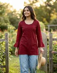 Women's Stylish Short Kurti, Casual Top with Fancy Sleeves, Chikan Embroidery, Rayon Fabric