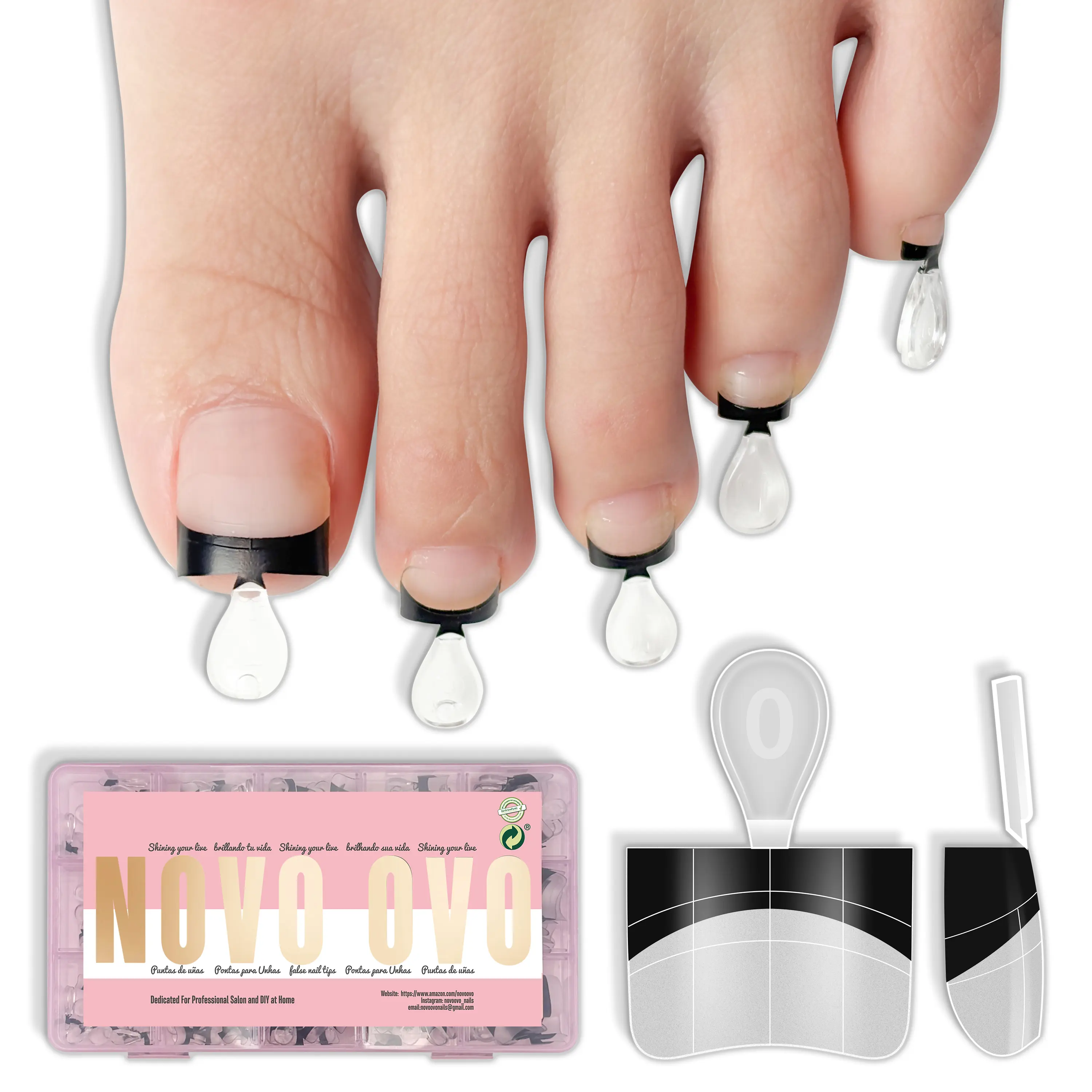 NOVO OVO Half Cover Toe Nail Tips Black French Tip, Clear Soft Gel with Auxiliary Line for Fake False Toenail Extension, Sharp Square Medium Wide for Men Women Acrylic pedicure x15 Sizes 240 Pcs