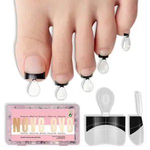 NOVO OVO Half Cover Toe Nail Tips Black French Tip, Clear Soft Gel with Auxiliary Line for Fake False Toenail Extension, Sharp Square Medium Wide for Men Women Acrylic pedicure x15 Sizes 240 Pcs