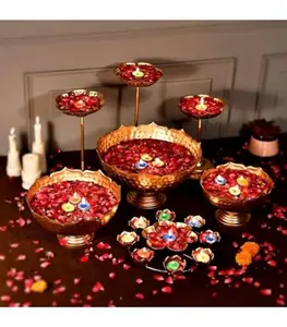 Taj Iron Urli Bowl Set, 10-Piece Iron Bowl Candleholders with Floating Diya Stands & Rangoli, Ornamental Candleholders for Diwali Home Decor, Ornamental Bowl Candleholders