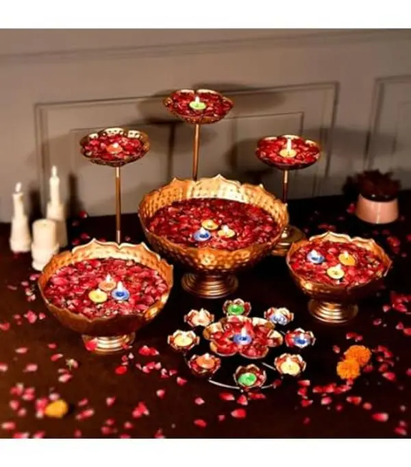 Taj Iron Urli Bowl Set, 10-Piece Iron Bowl Candleholders with Floating Diya Stands & Rangoli, Ornamental Candleholders for Diwali Home Decor, Ornamental Bowl Candleholders