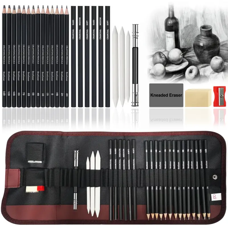28 Pieces Pro Drawing Kit Sketching Pencils Set,Portable Pen Curtain-Charcoal Pencils, Sketch Pencils, Charcoal Stick,Sharpener,Eraser, Art Materials, Art Kits, Art Supplies, Art School Supplies for Artists Beginner Adults Teens