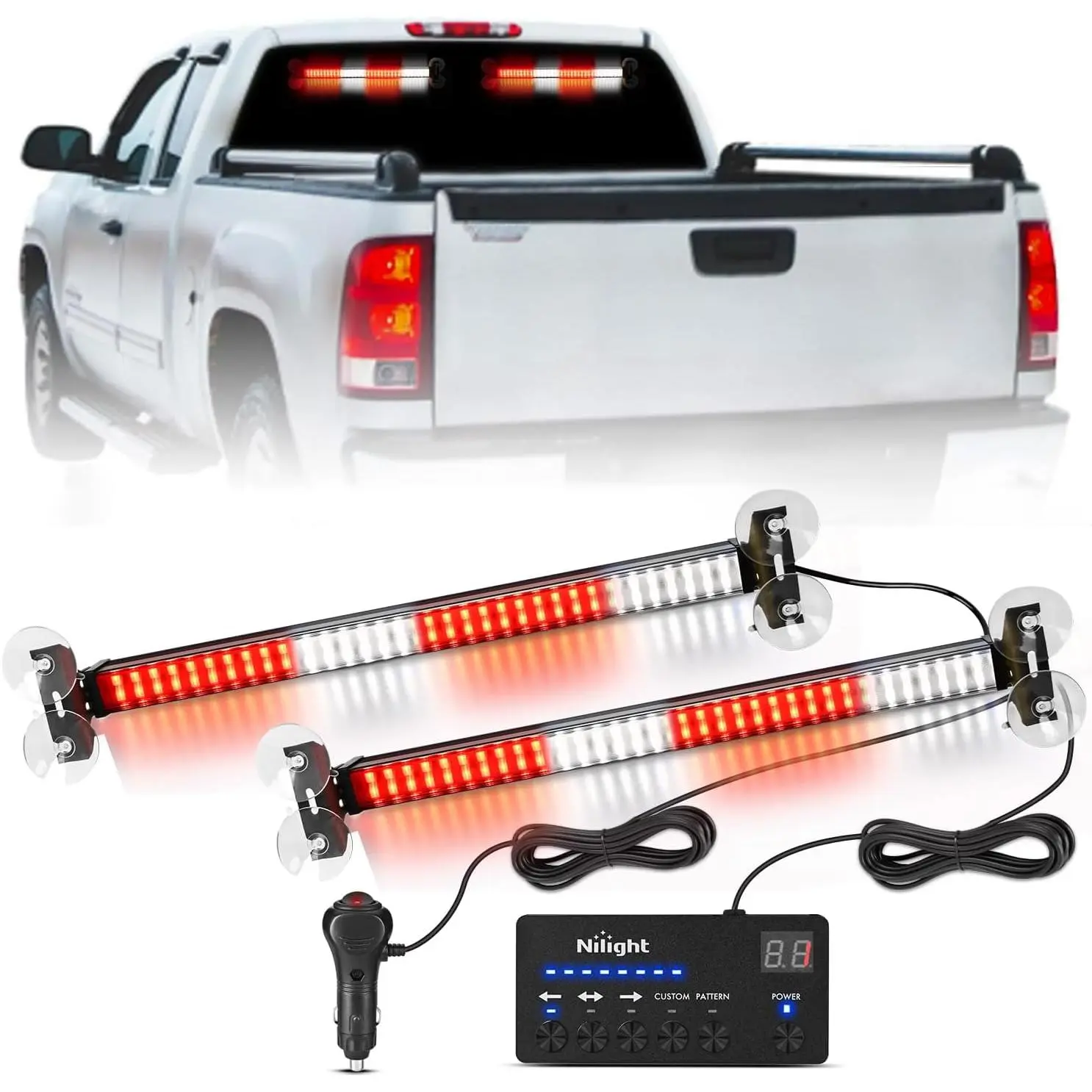 Nilight Aluminum 144 LED Strobe Light Bar - Red White, 2-in-1 12V Automotive Working Light with Controller, Suction Cups, Heat Sink, 36 Modes, Steady/Flash, 16.4ft Tool-Free Semi Truck Accessories, Flashing