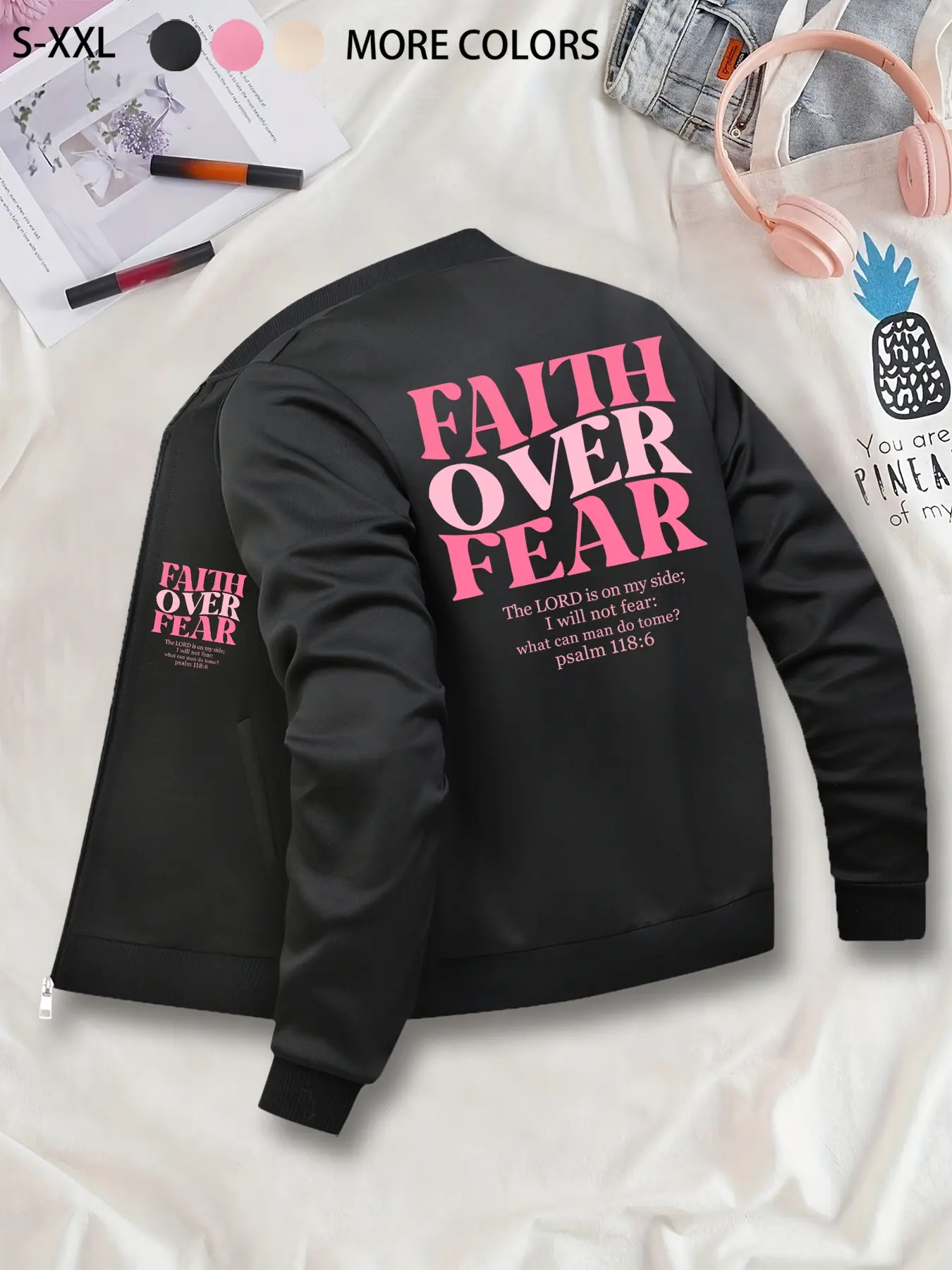 Faith Over Fear Bold Graphic Print Long Sleeve Jacket - Loose Casual Coat, Affordable Fitted Jacket for Budget-Conscious Shoppers, Stylish Low-Price Outerwear Jacket Casual Fashionable Jacket Womenswear