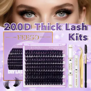 FEEGO 200D Lashes Extension Kit Thick Eyelash Extension Kit 10-20mm Lash Clusters Individual Eyelashes Kit With Lash Bond and Seal D Curl Cluster Eyelash