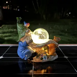 Solar Garden Gnome Decor Outdoor Gnomes Sculpture with LED Lights,Outdoor Spring Gnome Statue with Squirrel for Patio Yard Lawn Porch