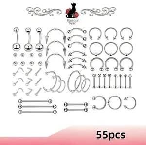 55-piece Stainless Steel Piercing Jewelry Set, Multi-Size Internal Thread Lip/Nose/Eyebrow/Belly Button Stud Combo, Ideal for Gifting to Friends