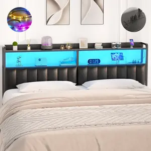 iSunirm Queen/King Size Bed Frame Headboard, Height-adjustable Headboards with Outlets, USB Ports and LED Light, Leather Head Board with Storage, Comfortable Headboard, Black (Bed frame not included)