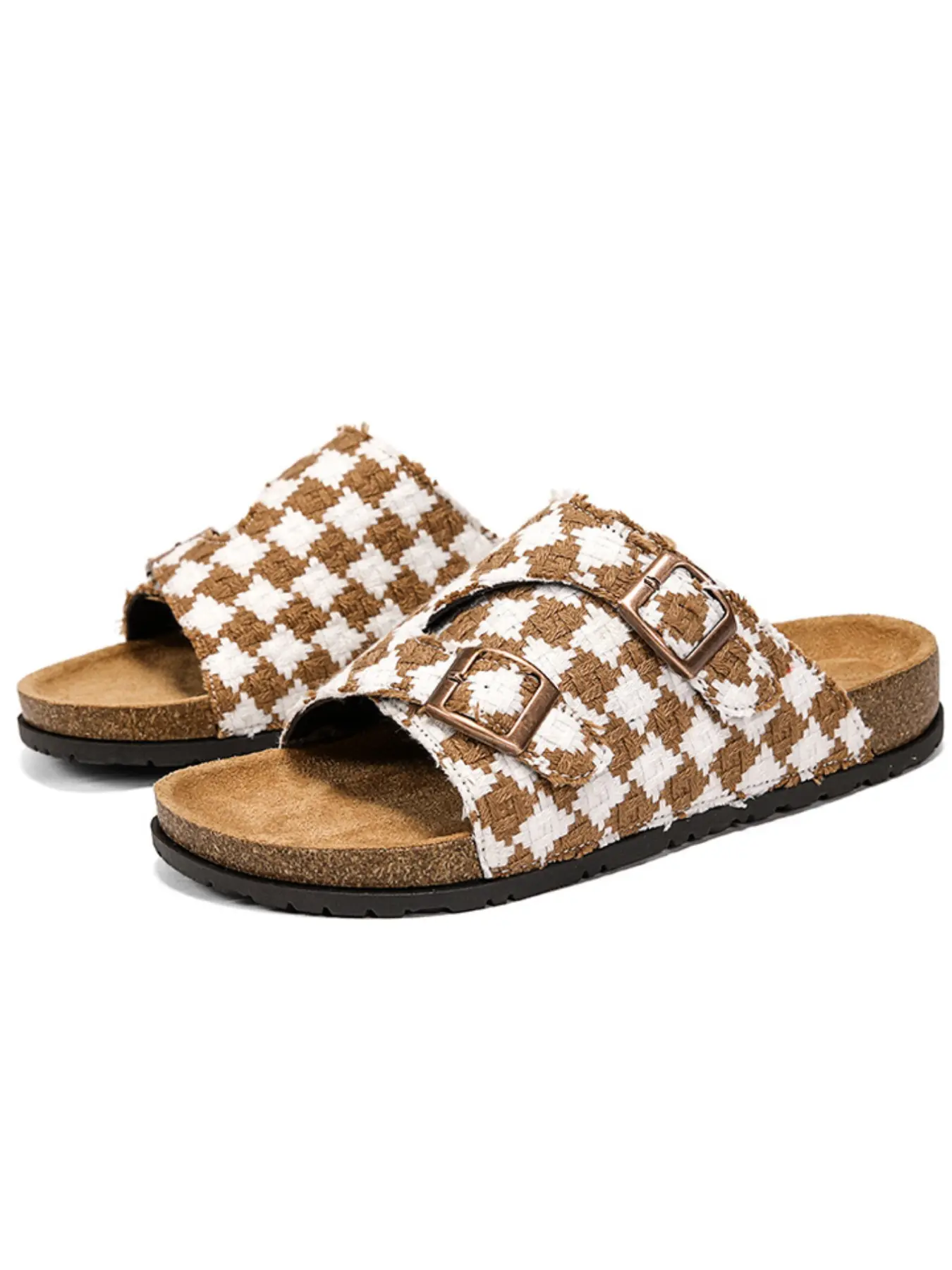 Unisex Retro Plaid Cork Slide Slippers, Beach Slides, Comfortable Breathable Design, Ideal for Summer Wear, Perfect for Couples & Individuals