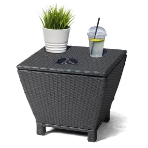 Outdoor PE Wicker Side Table with Storage, Small Patio Storage Bin Container for Hose Cushion Towel, Black