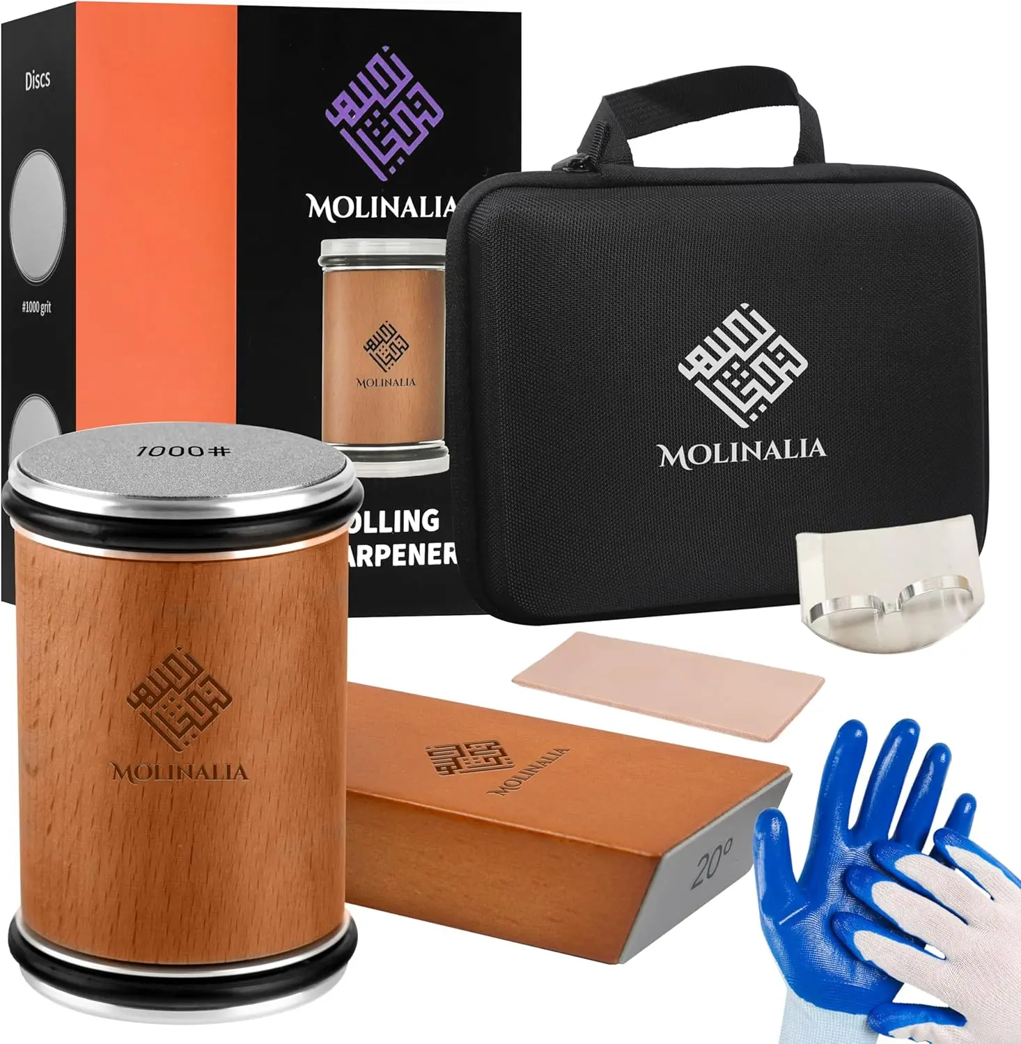 Rolling Knife Sharpener with Magnetic Angle Guide (15°/20°) | Tumbler Knife Sharpening Kit with Diamond & Ceramic Discs, Finger Guard, Gloves & Travel Bag