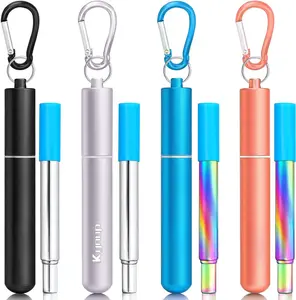 Straws, 4Pack Collapsible Portable Metal Straw  Foldable Stainless Steel Drinking Travel Telescopic Straw with Case, Clean Brush,  Gifts (Blue-Black- Rose -)