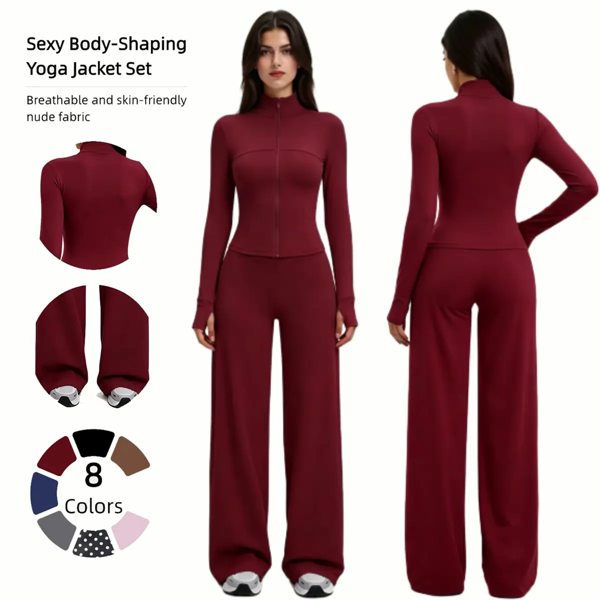 Women's 2 Piece Body Shaping Yoga Outfit Set, Zip Up Cropped Long Sleeve Jacket with Thumb Holes, High Waist Wide Leg Yoga Pants, Soft Stretchy Nude Fabric Workout Tracksuit for Gym & Daily Casual