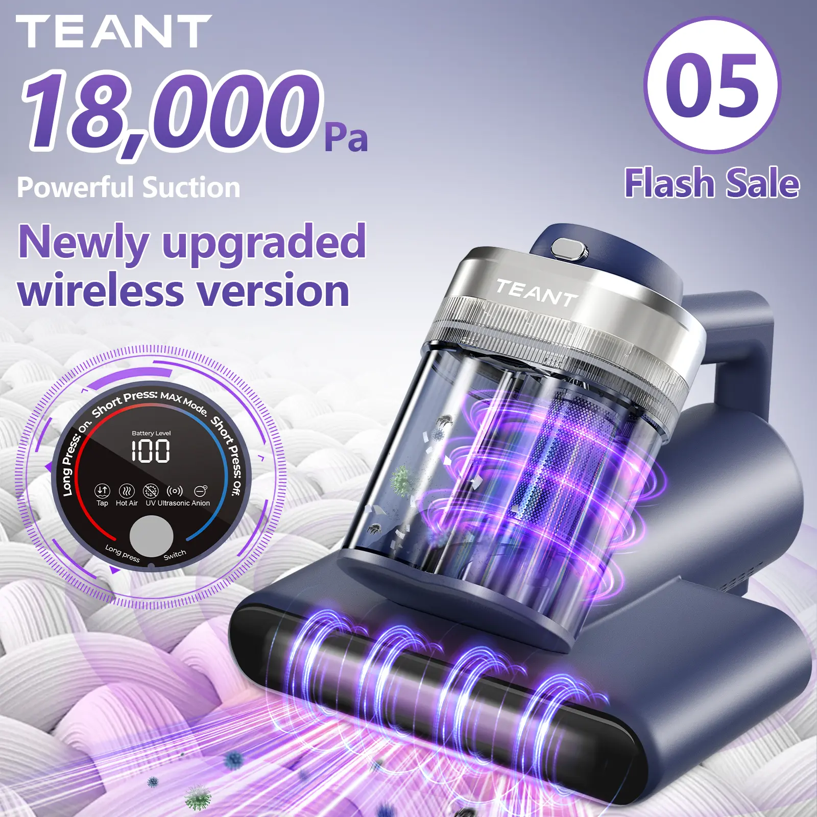 【Flash Sale】Teant Upgrade Mattress Vacuum Cleaner(05),18KPa Suction,  Dust Sensor, UV & Ultrasonic Dust Mite Removal,33000 RPM Tapping,Aroma Tablet, Pet Hair Cleaner for Bed, Sofa, Handheld Vacuum Cordless, Wireless Vacuum,summerwins