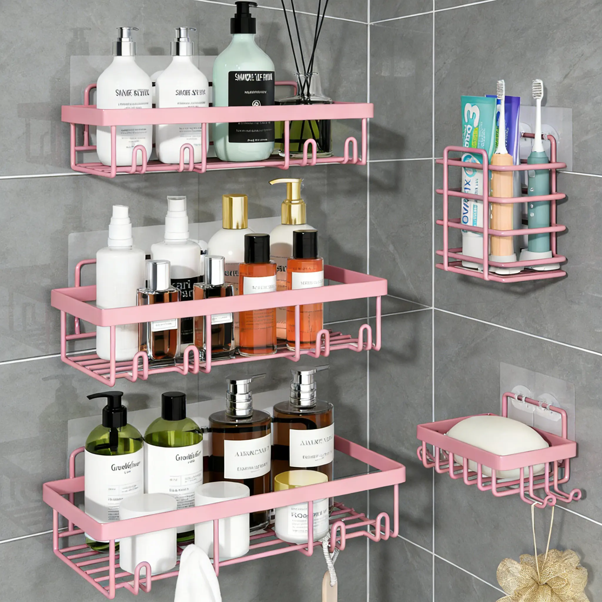 【Back to School】Blush Pink 5-Piece Round Modern Shower Accessories Set - No-Drill Stick-On Setup Hollow Round Stainless Steel Wall Mount, Rust-Proof Waterproof Bathroom Organizer with Shampoo Basket, Toothbrush Holder, Soap Rack for Dorm Rooms, Home Decor