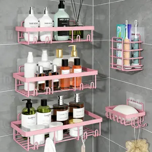 Caddy Shower Storage 5-Piece Set: Self-Adhesive Stainless Steel Shelf (No Drilling Required), Rust-Resistant Bathroom Decor Accessories, Pink Shampoo and Body Wash Basket, Large Capacity, Hollow Round Design, Toothbrush Holder, Waterproof Stick-On Rack