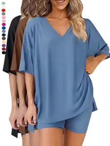 2026 V Neck 2 Piece Sets forSpringWomen Summer Casual Lounge Short Set SpringMatching Biker Shorts Oversized ShirtClothing