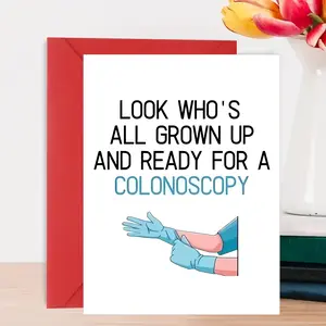 1 Piece - "Colonoscopy Grown Up" Birthday Card, Greeting Card, Hilarious Milestone Humor, Bold Typography + Medical Glove Illustration, Edgy Tone, Paper + Red Envelope. Perfect Sarcastic Gift for Adult Birthdays—A Cheeky, Relatable Keepsake