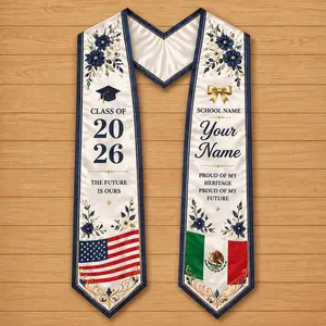 Mexican American Graduation Stole 2026 Personalized Grad Stole Custom Name School Name Class of 2026 Sash, Dual Heritage Flag Sash