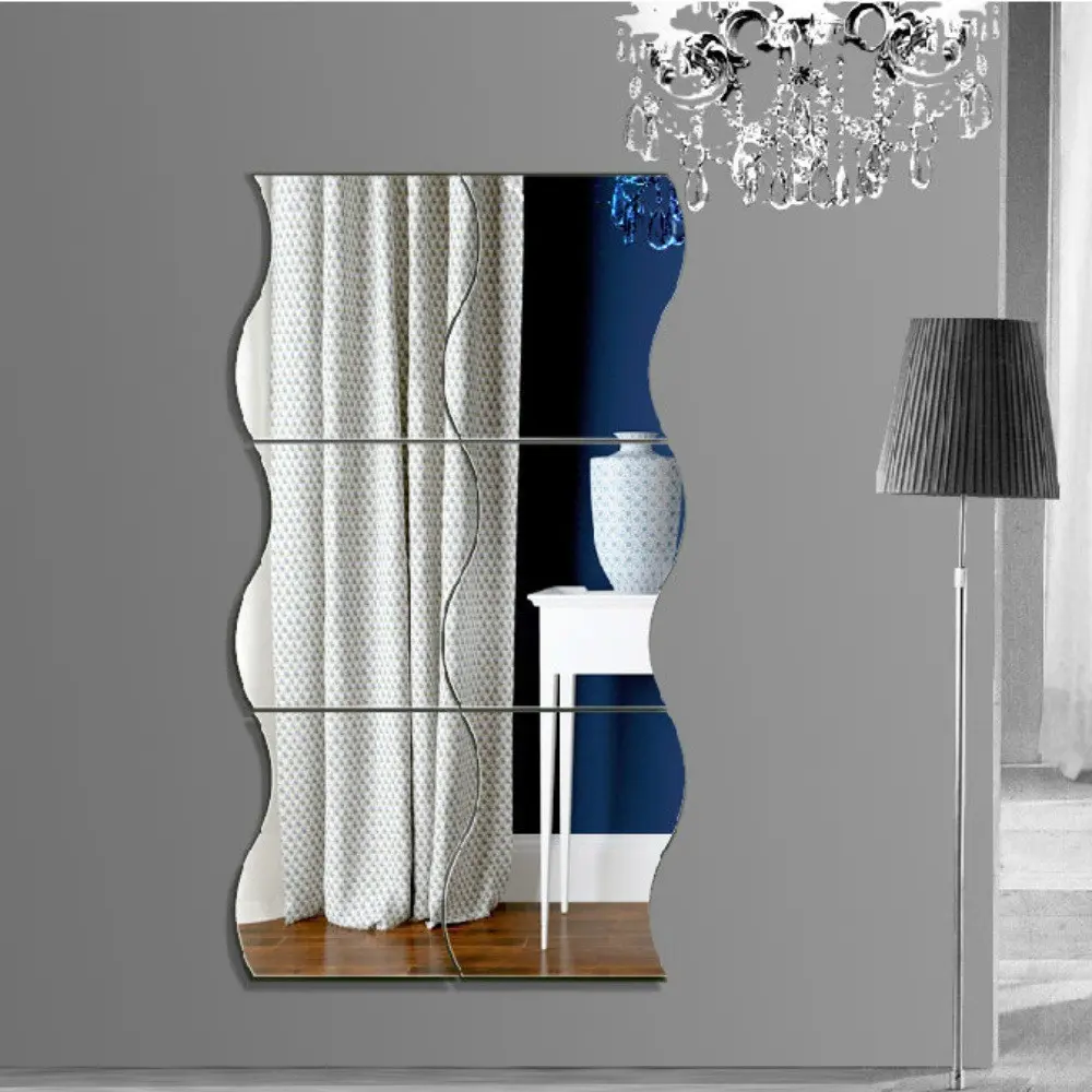 6pcs Set Waves Mirror Wall Sticker, Self-Adhesive Removable 3D Reflective Acrylic Mirror Sheet, Free Combination Mirror Tile Art for Home & Bathroom Decor