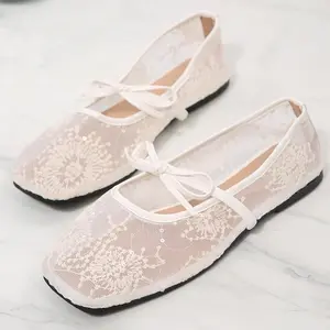 Boho Floral Lace Mesh Ballet Flats for Women Square Toe Bow Tie Flat Shoes