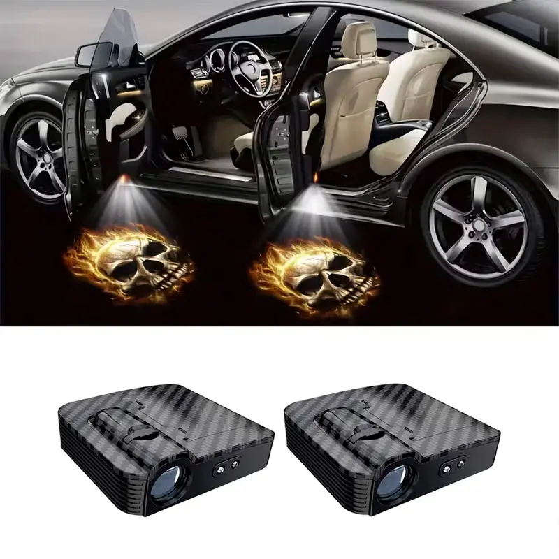 2 pcs door lights — flame skull logo projector — universal wireless door LED projection light — door step LED welcome logo shadow ghost light projection light — suitable for all car brands — LED flame skull pattern welcome light
