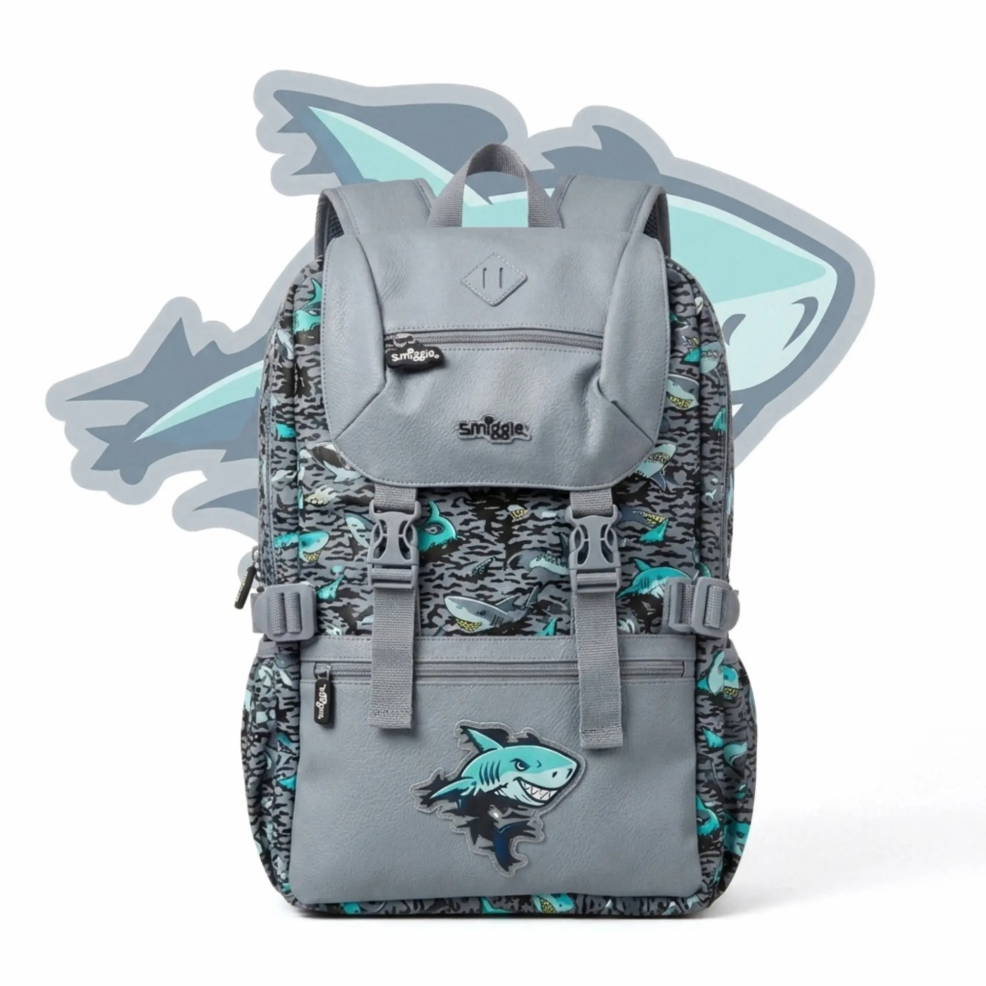 Smiggle Shark Design Backpack，Limitless Foldover Attach Smiggle Backpack – Zipped Compartments, 15-Inch Laptop Compartment Clip-School Travel Bag
