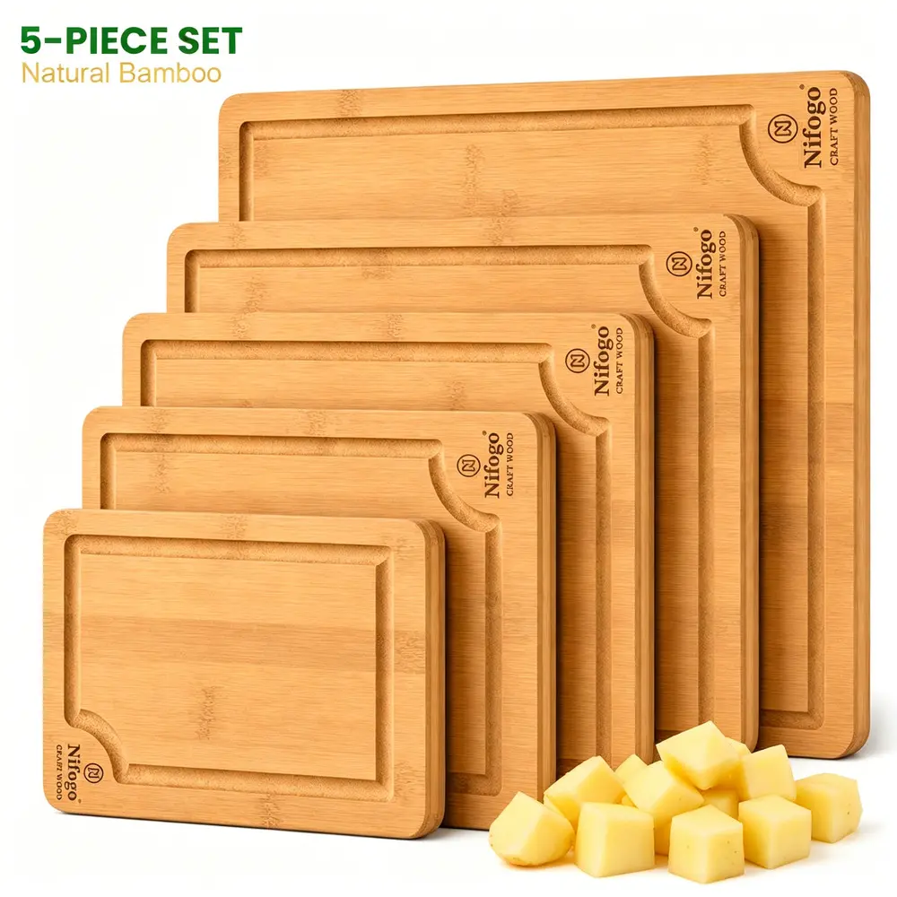 3/5-Pack Premium Eco Bamboo Board Bundle - Food-Grade Wooden Cooking Trays for Pan Steak, Fresh Produce, Soft Cheese - Solid Renewable Kitchen Supplies for New Home Starter Kit