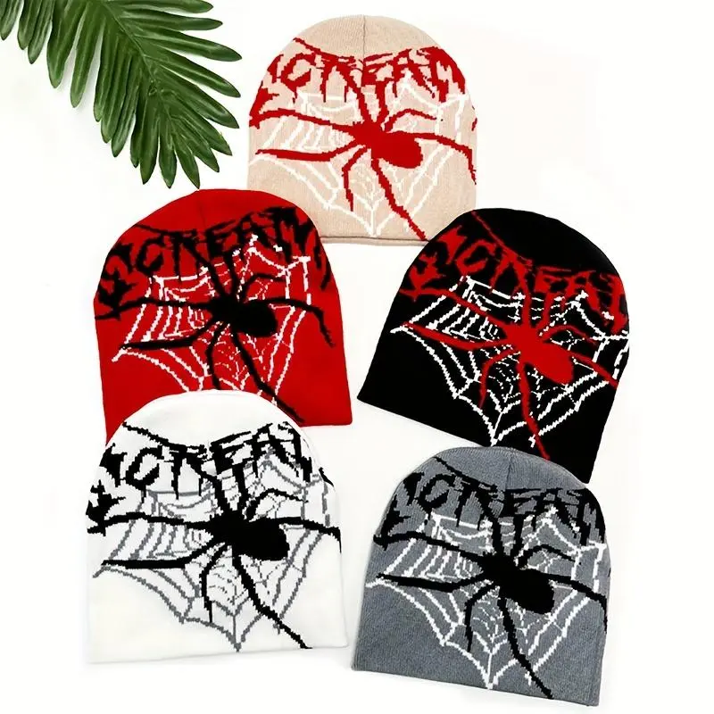 Y2K Unisex Beanie Hat with Halloween Spider Web & SCREAM Letter Design, Stretchy Elastic Band, Warm Winter Skull Cap for Streetwear, Hip-Hop, and Parties (Red/Black/White/Grey), Beach Hat