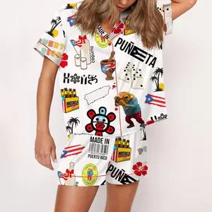 Baile Inolvidable Puerto Rico Satin Pajama Set For Women Print Comfy Satin Sleepwear & Loungewear Pjs Printing Silky Top &