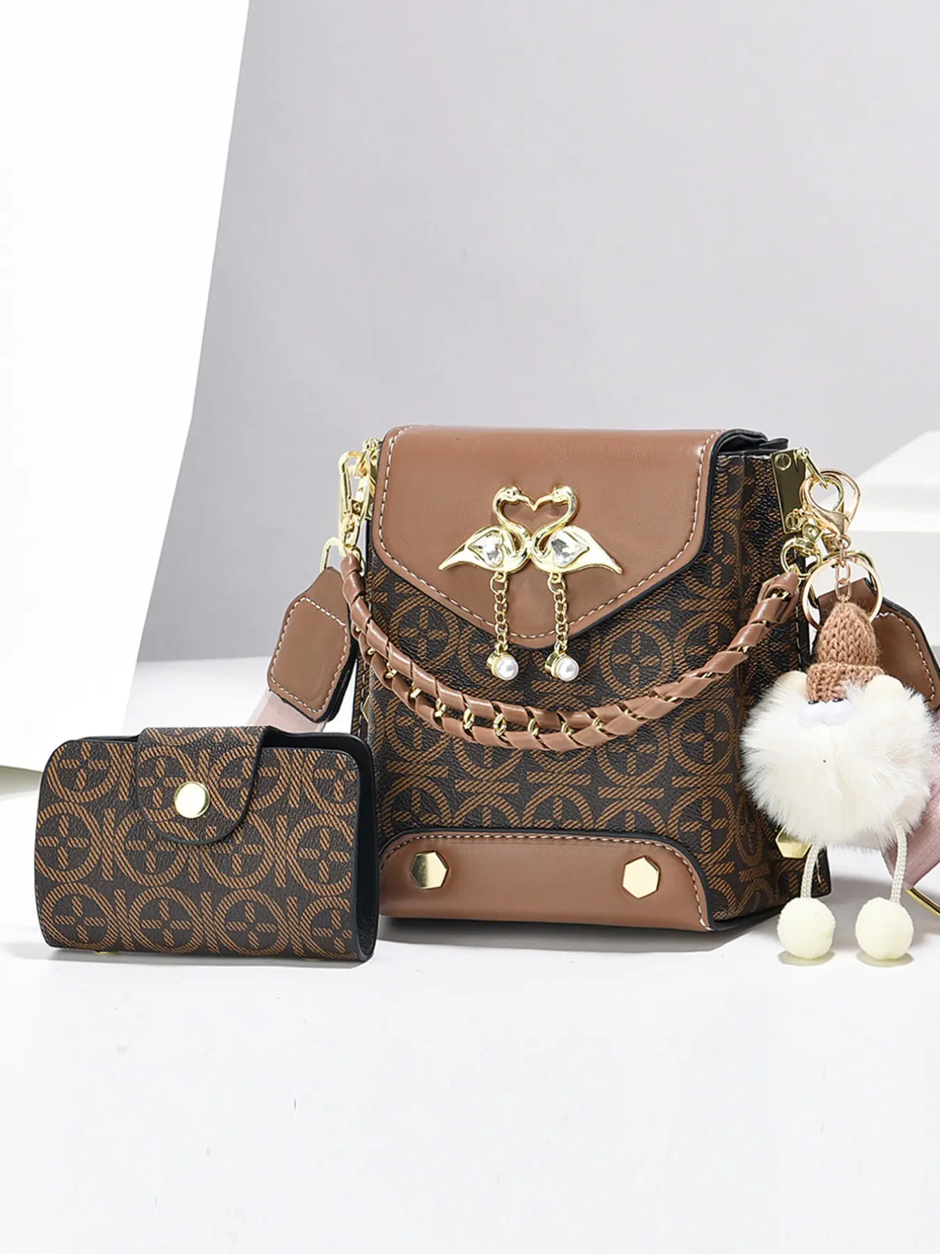 New Fashion Solid Color Geometric Print Two-Piece Phone Bag Set, Casual Crossbody Bag, Casual Style, All Seasons, Letters Pattern, Women's Accessories, Premium Shoulder Bag, Fashionable Daily Crossbody