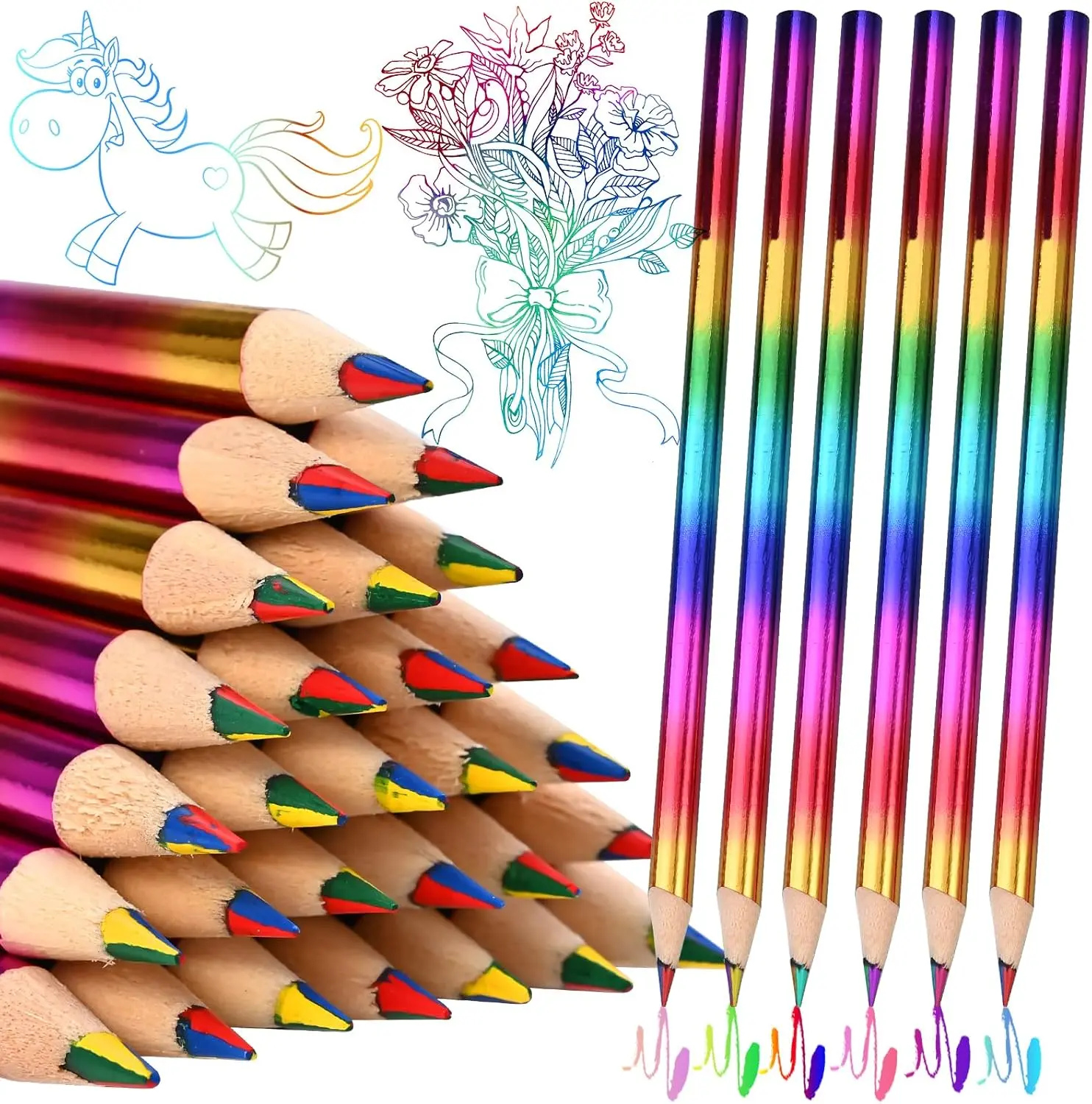 40-Piece 6.9in 4-in-1 Wooden Colored Rainbow Pencils with Curved Grip - Stocking Stuffers, Perfect Holiday Gift for Students, Home Improvement Building Supplies for Vibrant Drawings