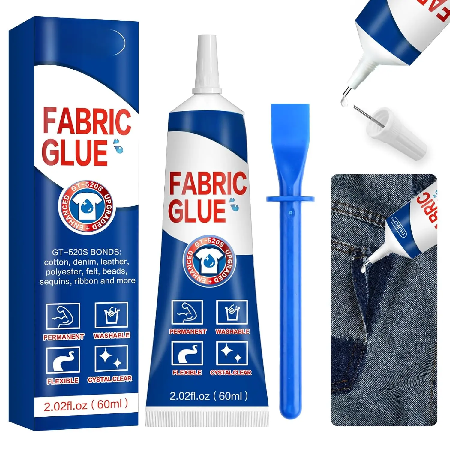 Fabric Glue for Clothing Permanent Washable, 60ML Liquid Stitch, Fabric Adhesive, Anti-Fray Check, Super No-Sew Clear Fusion Glue for All Patches, 24 Hour Dry and
