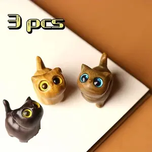 3-Piece Hand Carved Wooden Sandalwood Curious Cat Figurines, Creative Handheld Animal Crafts, Modern Cute Desktop Decoration Gift for All Occasions