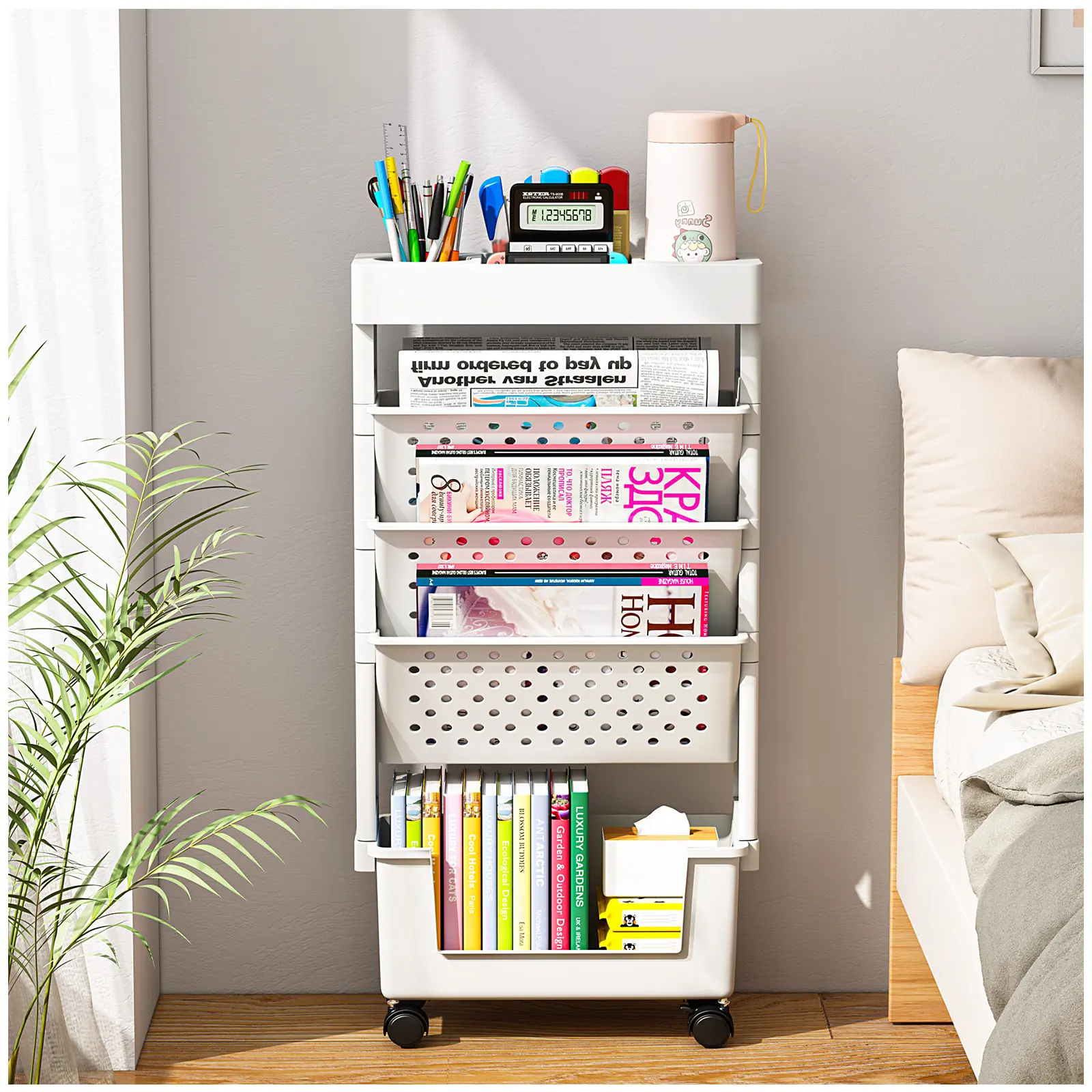 【Back-to-School】Desk Organizers and Accessories, Office Supplies Desktop Organizer with Wheels, Desk File Organizer, 5 Tier File Folder Holder,Magazine Storage Bookshelf for School Classroom Home (White)