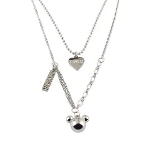 Disney Double-Layer Heart Mickey Pendant Necklace with 'LOVER' Heart Charm & 'MOM' Tag Silver-Tone Jewelry for Women