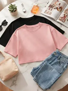 2026 TikTok Viral Women's 2 Pack Basic Crop T-Shirts, Oversized Crew Neck Short Sleeve Crop Tops,Summer Layering, Street Style, Daily Wear, Errands, Shopping, Lounge, Vacation, Casual Gatherings,