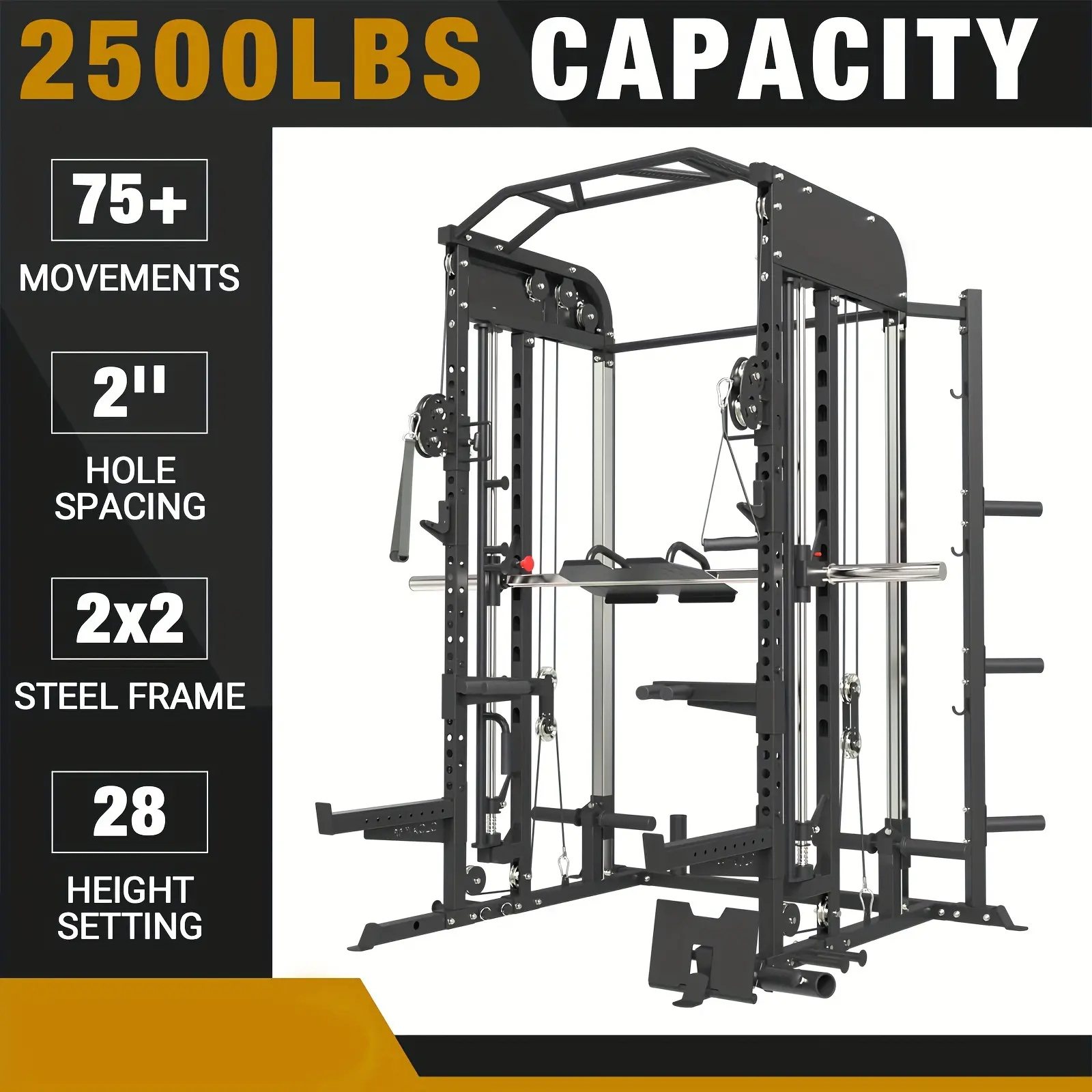All-in-One Smith Machine Power Rack, Adjustable Cable Crossover, Vertical Leg Press, 800 Lbs Capacity Smith Bar for Home Gym, Multiple Training Modes.